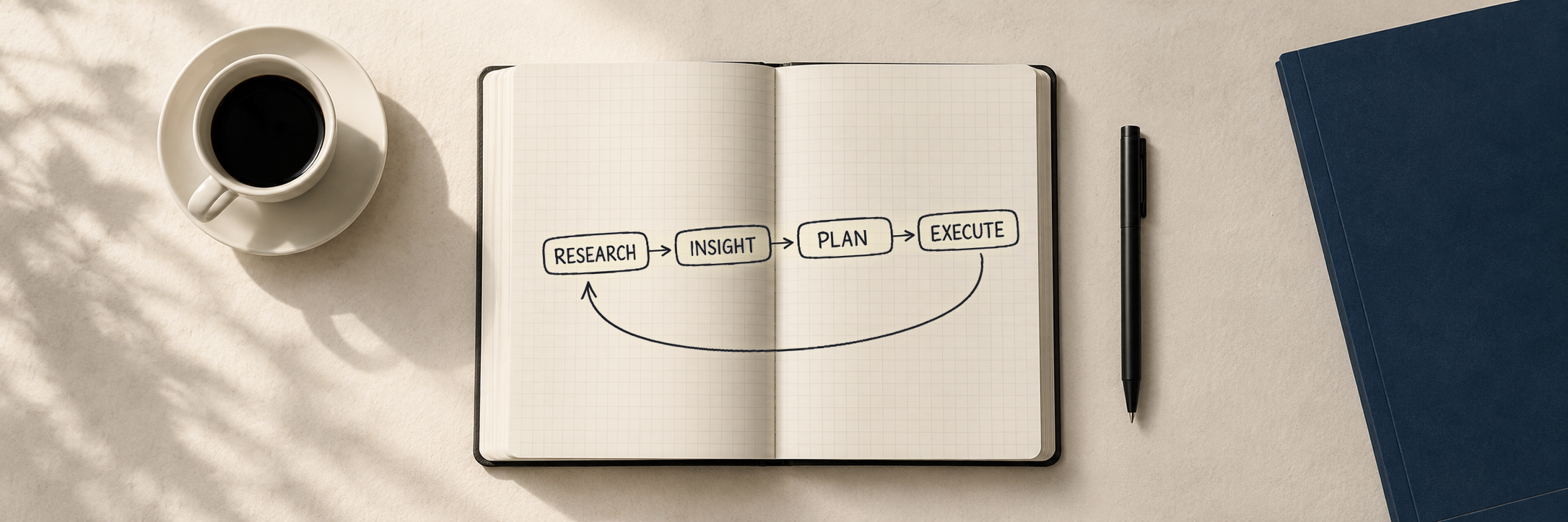 桌上攤開的筆記本,手寫著 RESEARCH、INSIGHT、PLAN、EXECUTE 四個步驟的循環流程